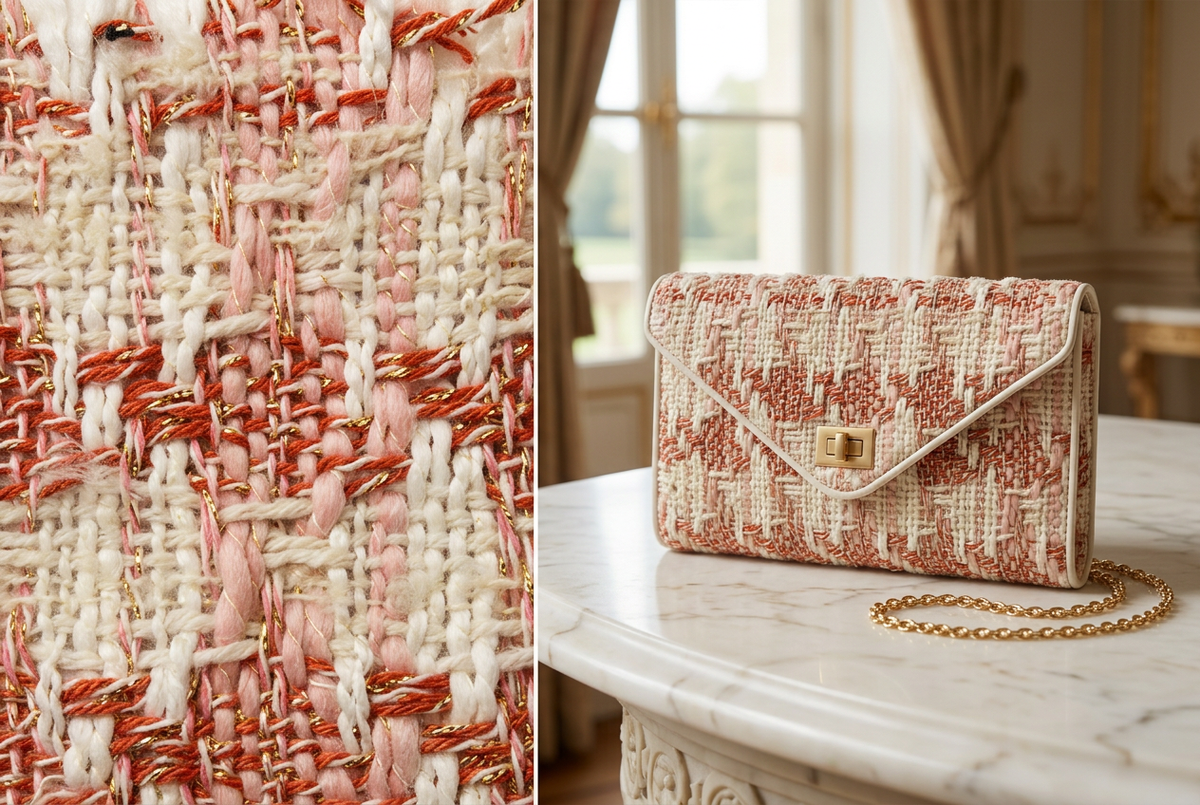 Inspiration IA de pochette en tweed rose avec le tissu à côté. / AI pink tweed clutch inspiration beside the fabric.