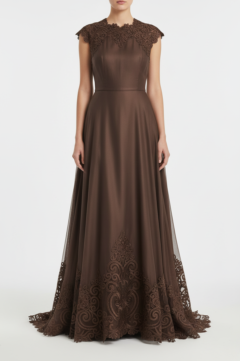 Robe avec dentelle brodée marron sur tulle 16cm - finition haute couture