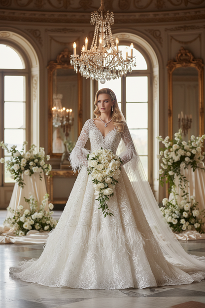 Mariée blonde en robe de dentelle ivoire perlée ornée de plumes sur tulle – tissu mariage haute couture