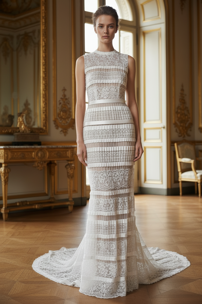 Robe de mariée longue moulante entièrement recouverte de rangées de bandes plissées organza blanc 6 cm — Fitted bridal gown covered with rows of 6 cm white pleated organza trim