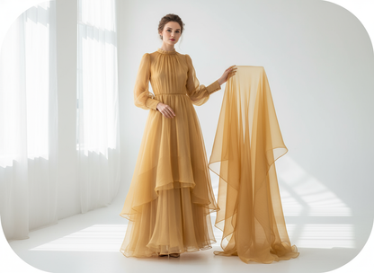 Robe en organza de soie miel doré