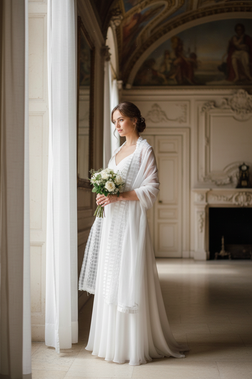 Étole organza blanc avec bande plissée dentelle satin 6 cm — White organza stole with 6 cm pleated lace satin trim