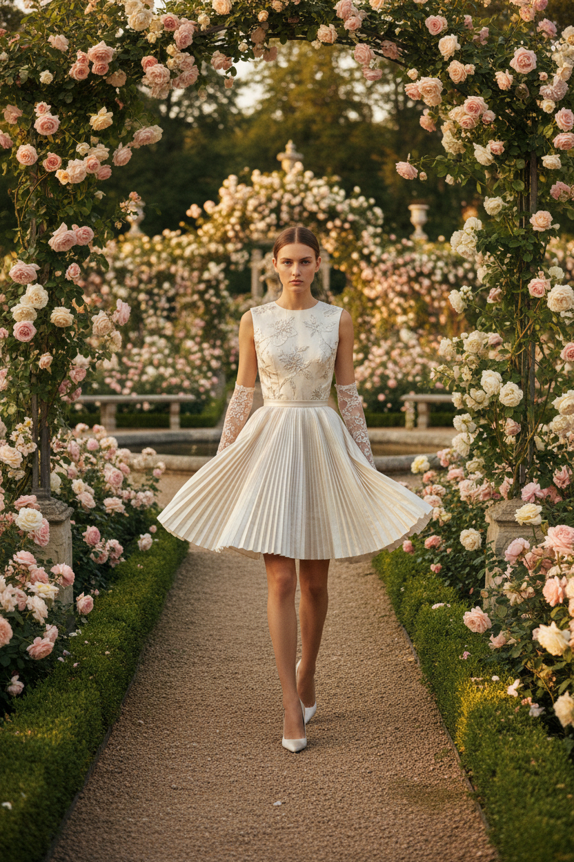 Jupe courte plissée en twill de soie ivoire – jardin couture français