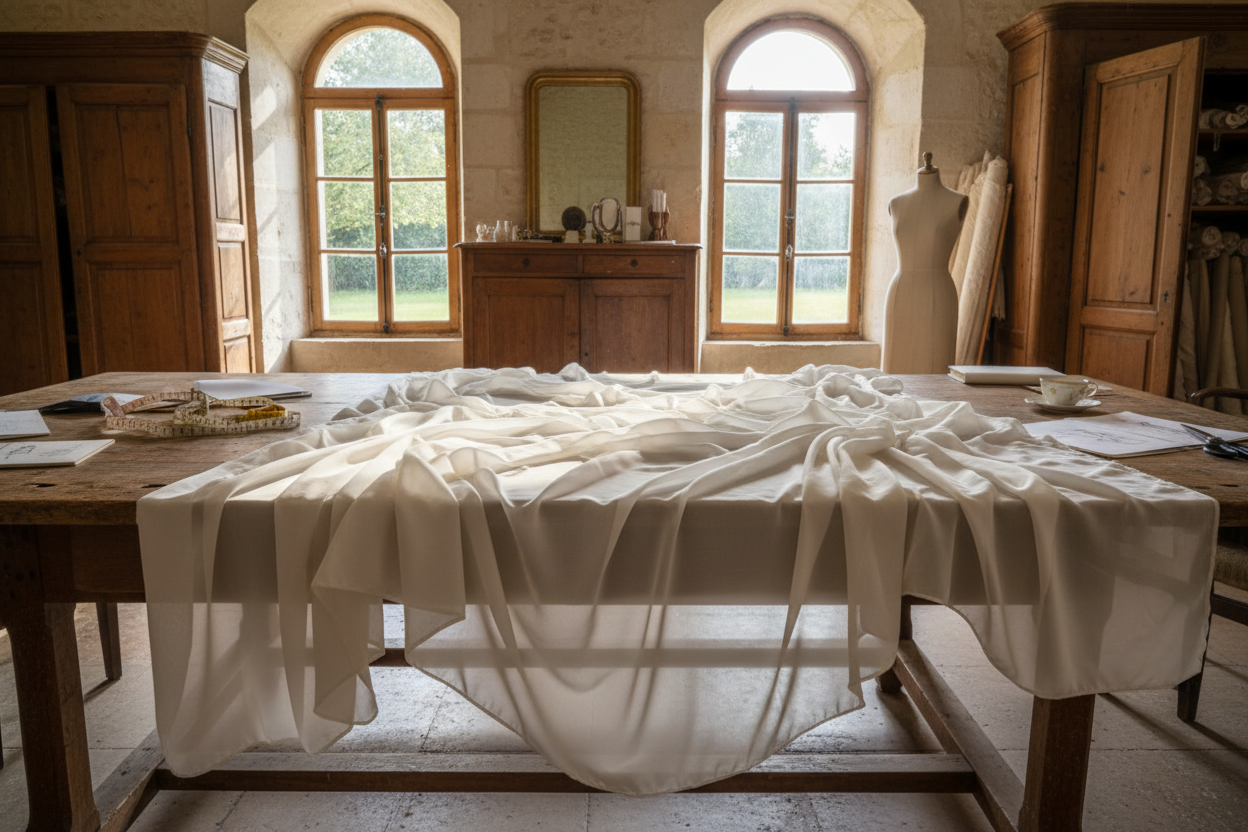 Coupon de 3 mètres de mousseline de soie ivoire déroulé sur table d'atelier — 3 meters ivory silk chiffon fabric coupon unrolled in couture atelier