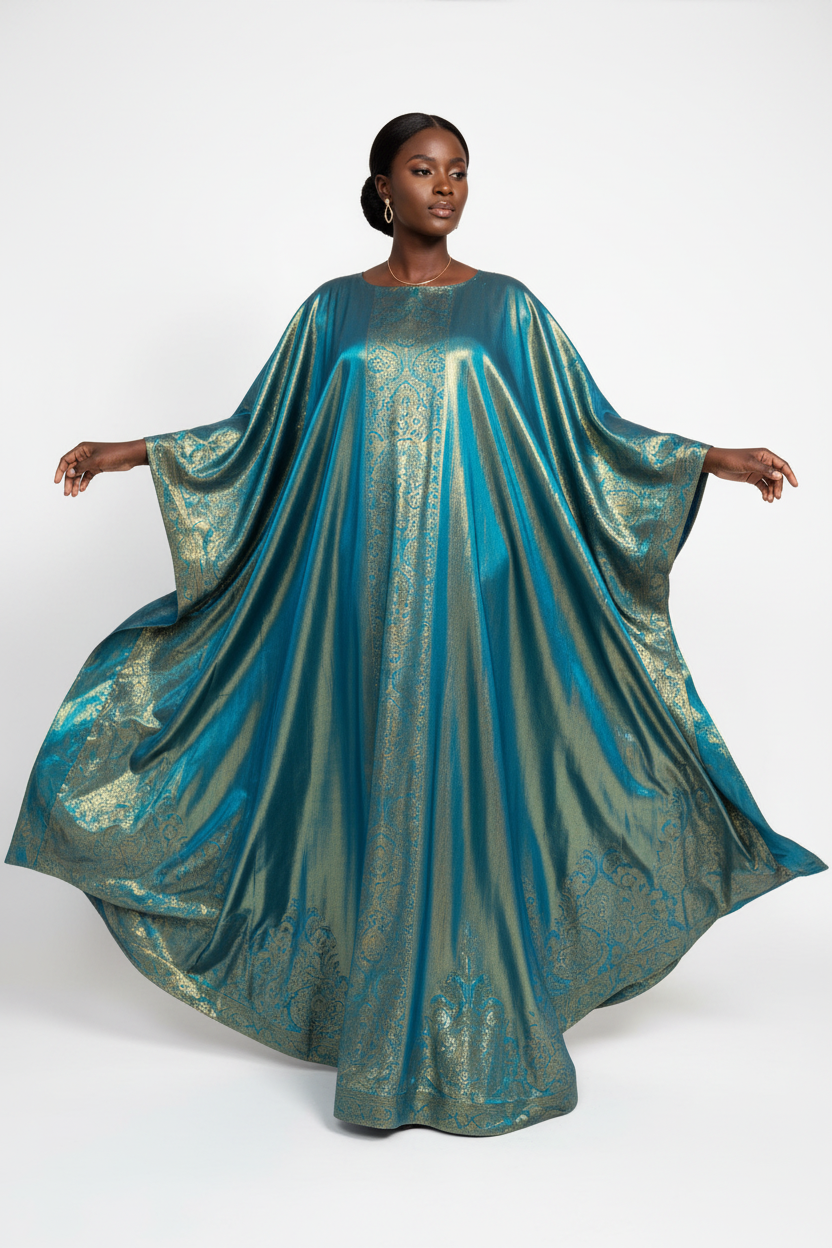 Caftan luxe en brocart interchangeant bleu turquoise et or