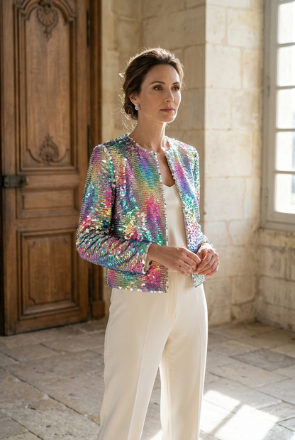 Inspiration IA : veste en sequins multicolores, tissu vendu au mètre. / AI styling inspiration: multicolour sequin jacket, fabric sold by the metre.