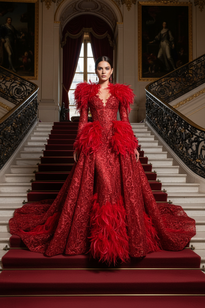 Modèle escalier château robe rouge plumes - Red feather gown model French château staircase