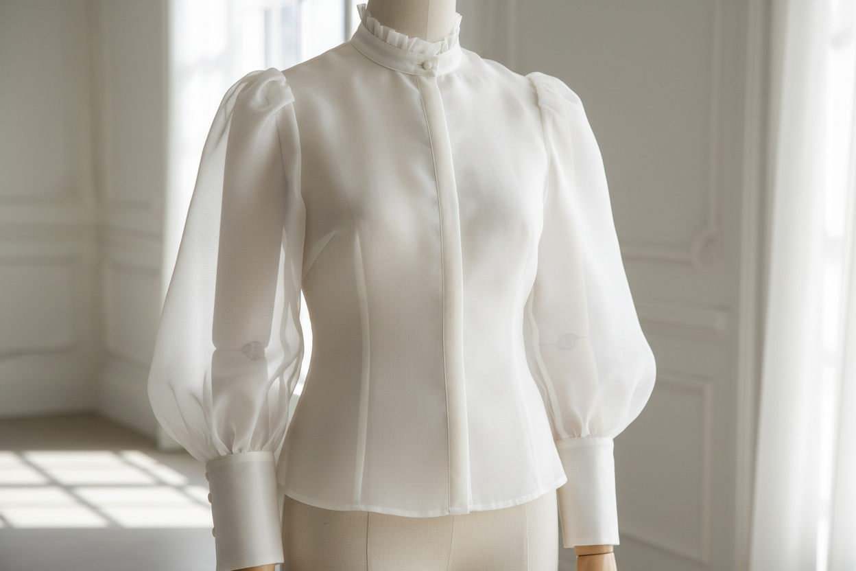 Chemisier haute couture en organza double de soie ivoire - tissu transparent élégant