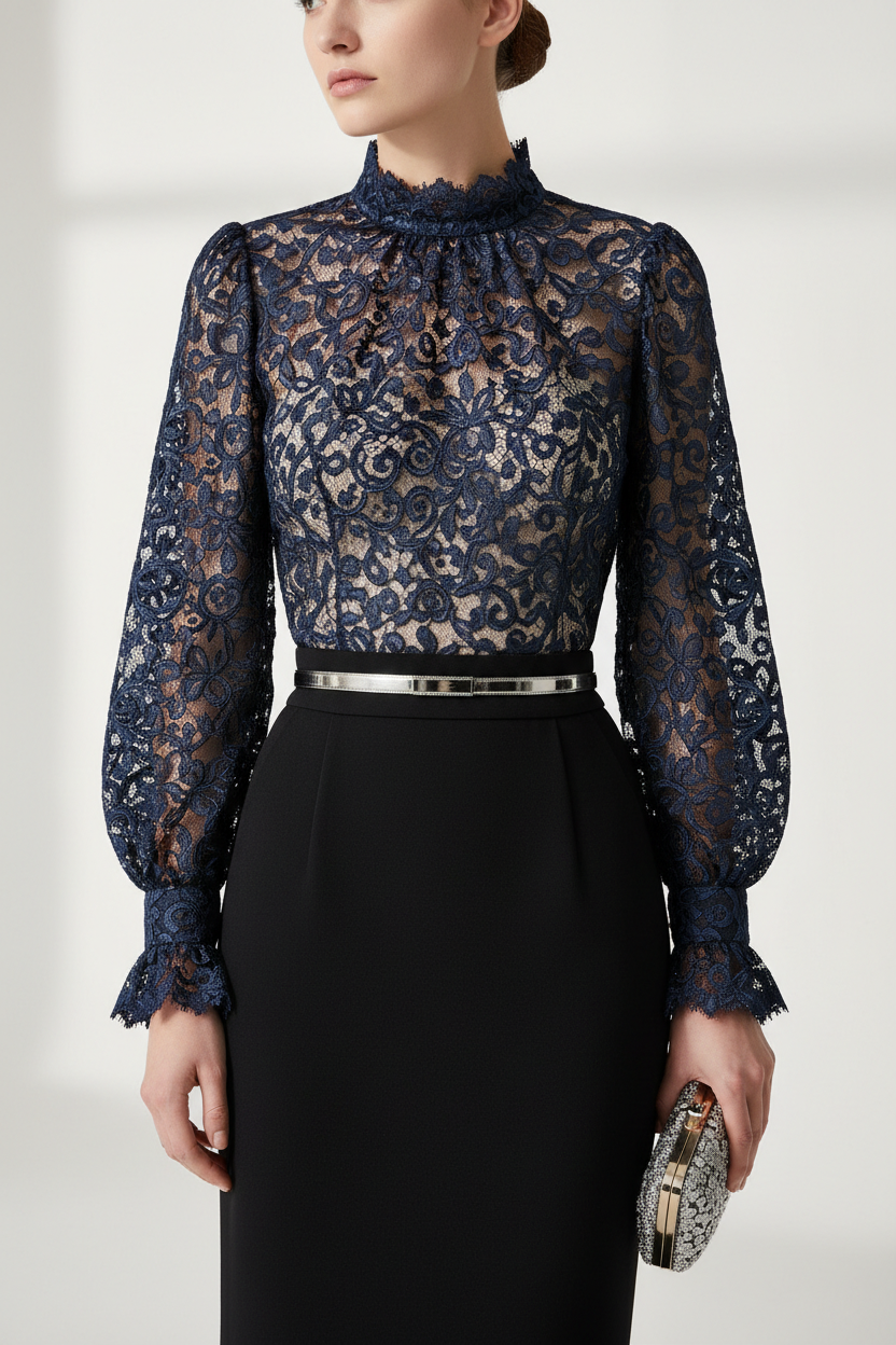 Top dentelle brodée bleu marine motifs ajourés - tissu haute couture 150cm