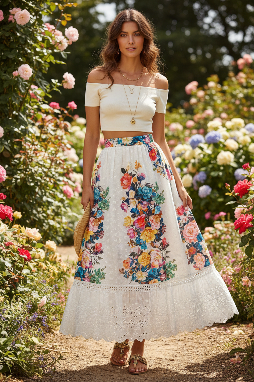 Idée réalisation : jupe longue en broderie anglaise fleurie 100% coton