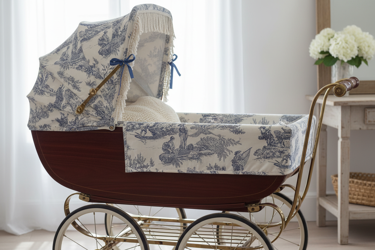 Landeau vintage bébé en Toile de Jouy bleue