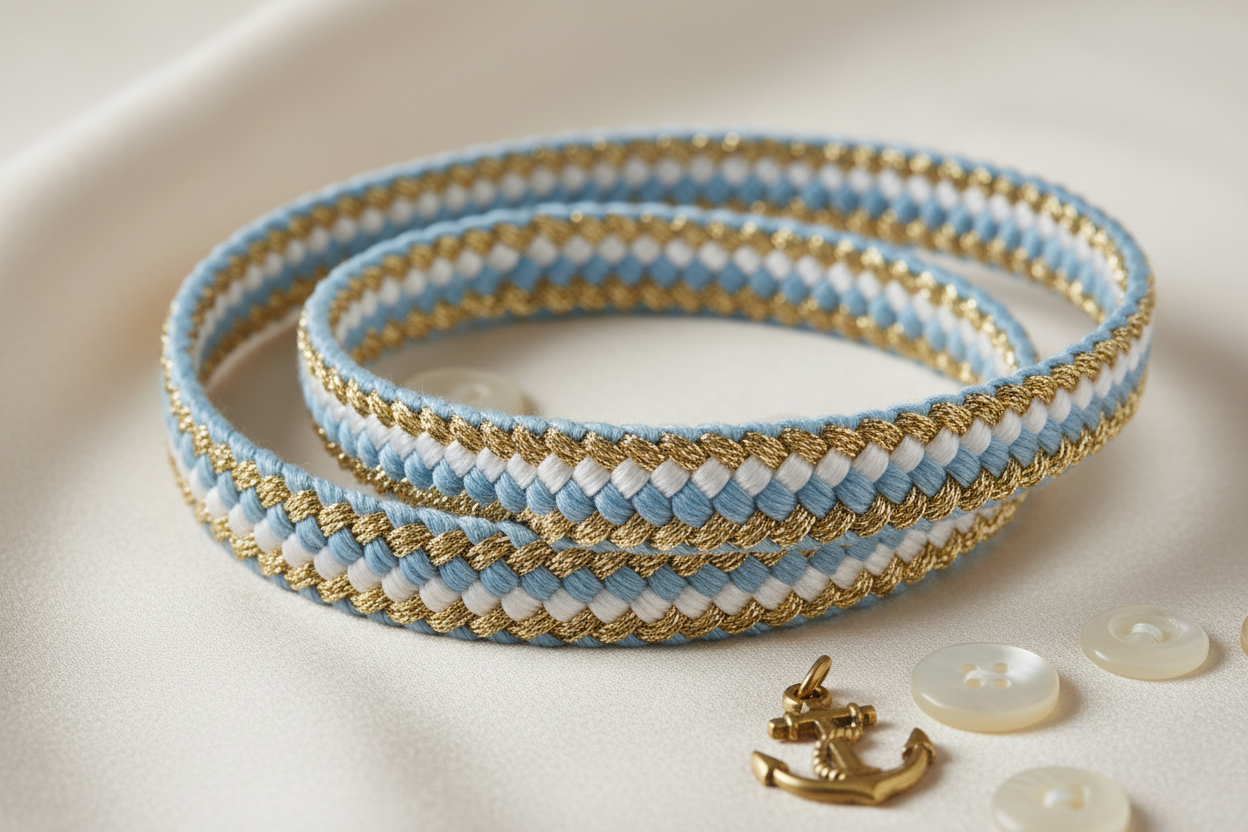 Galon tressé tricolore 15 mm bleu blanc doré - Cordon luxe style Chanel