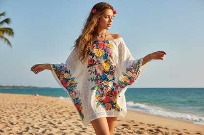 Haut de plage en broderie anglaise fleurie 100% coton – style bohème chic