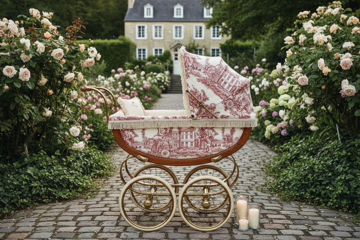 Landeau vintage bébé en Toile de Jouy rouge