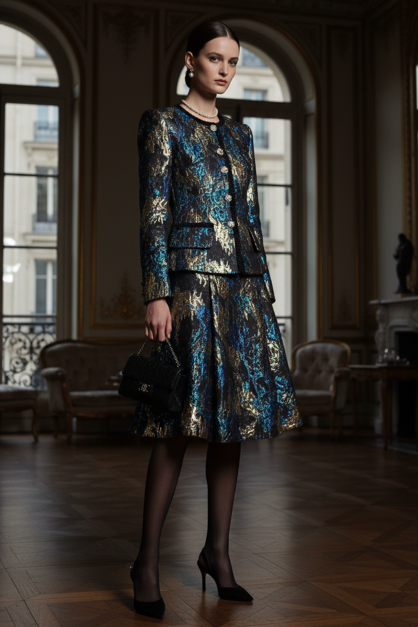 Modèle portant un tailleur en brocart iridescent organza noir bleu canard et or