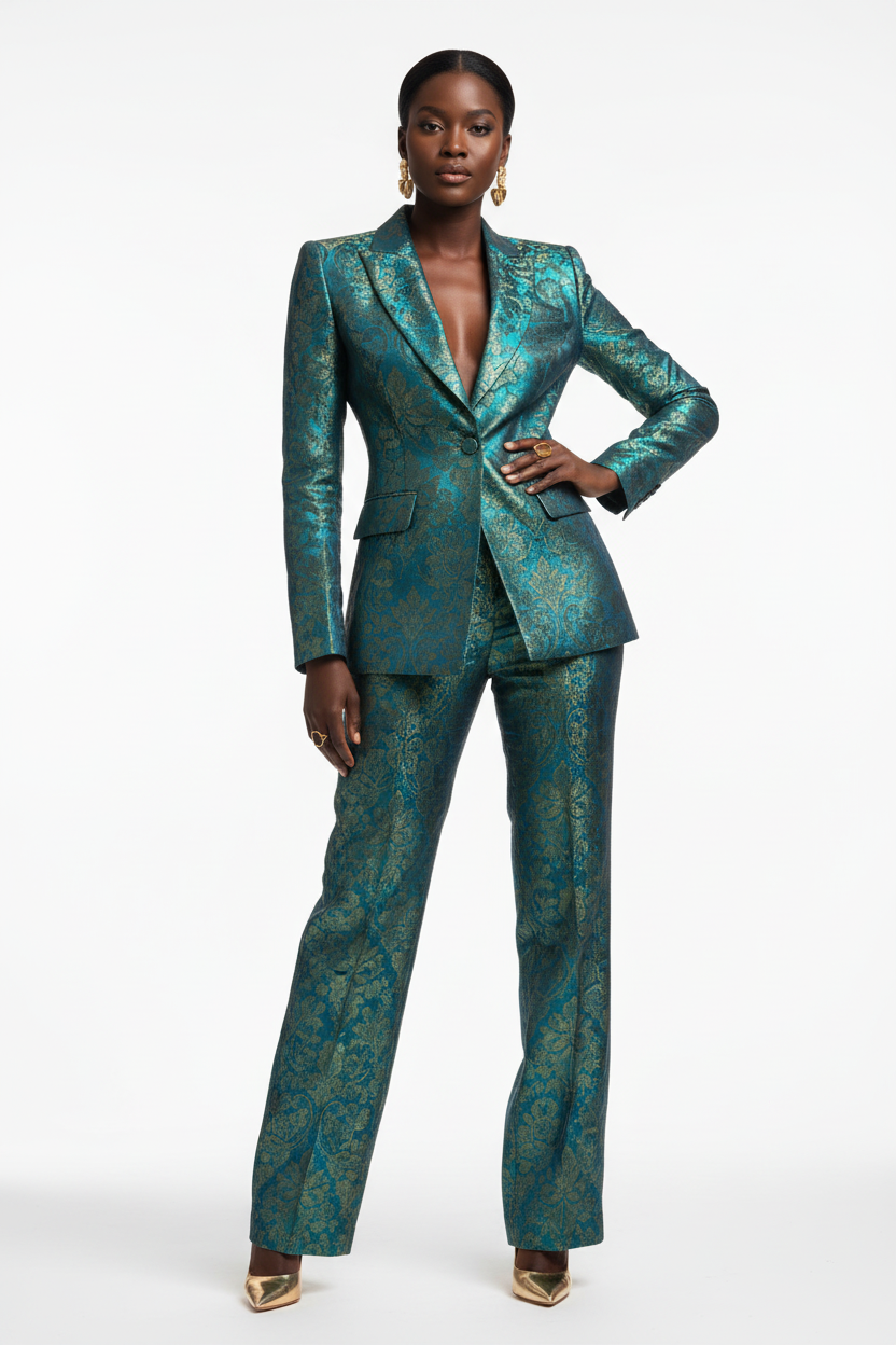 Tailleur femme en brocart interchangeant bleu turquoise et or