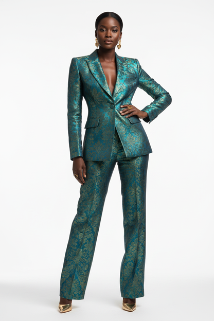 Tailleur femme en brocart interchangeant bleu turquoise et or
