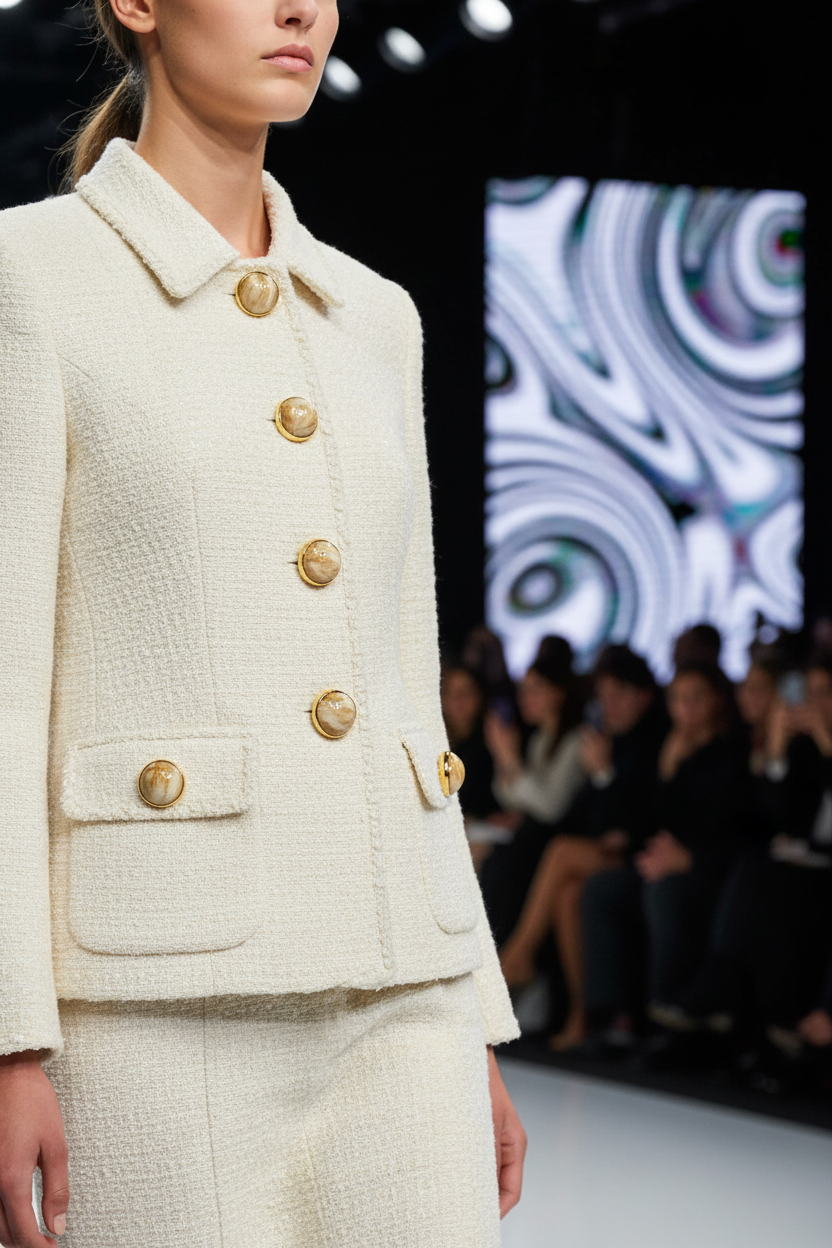 Bouton haute couture marbré or – gros plan veste bouclé crème défilé