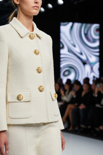 Bouton haute couture marbré or – gros plan veste bouclé crème défilé