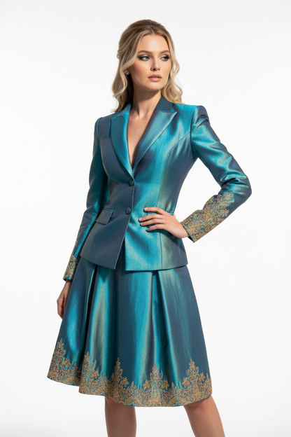 Tailleur jupe en brocart interchangeant bleu turquoise doré