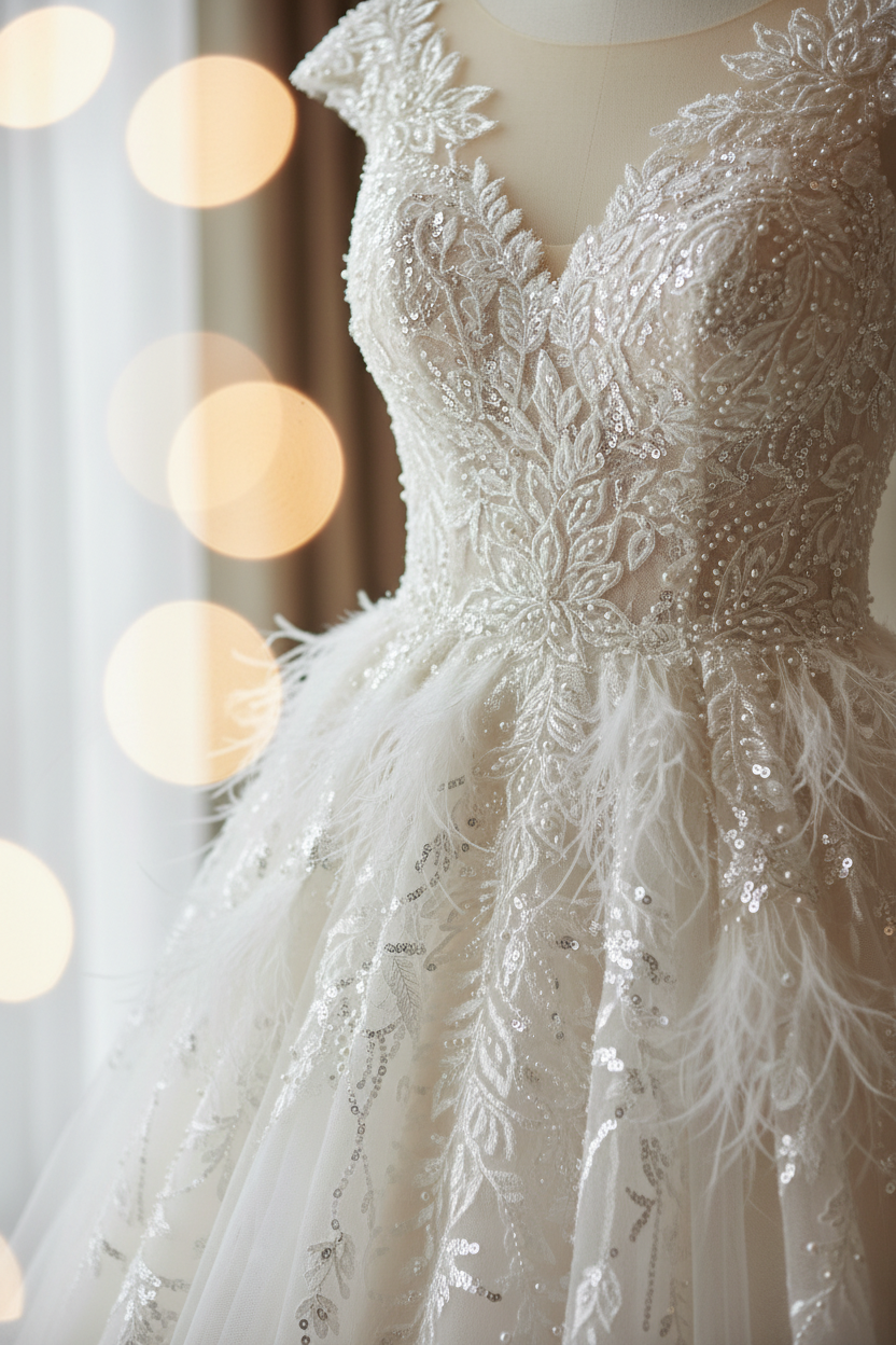 Détail robe de mariée en dentelle ivoire perlée plumes et sequins argentés sur tulle