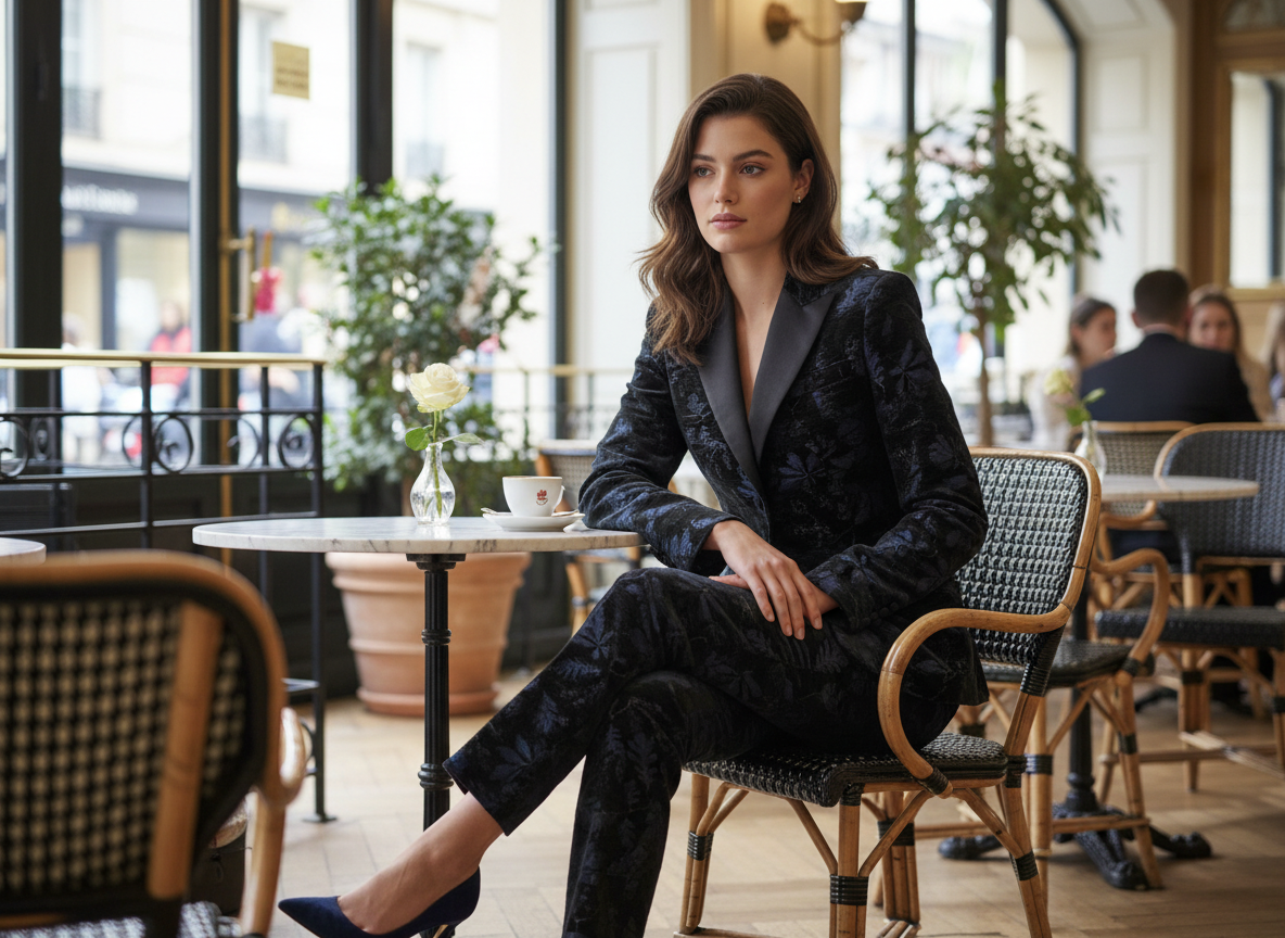 Velours Imprimé Noir et Bleu Marine 145 cm - Motif Floral Jacquard - Haute Couture
