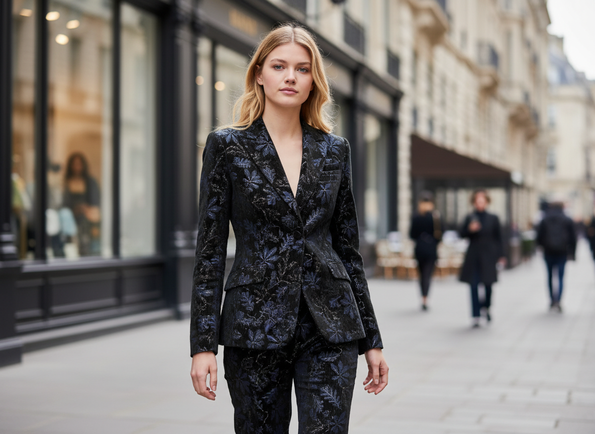 Velours Imprimé Noir et Bleu Marine 145 cm - Motif Floral Jacquard - Haute Couture