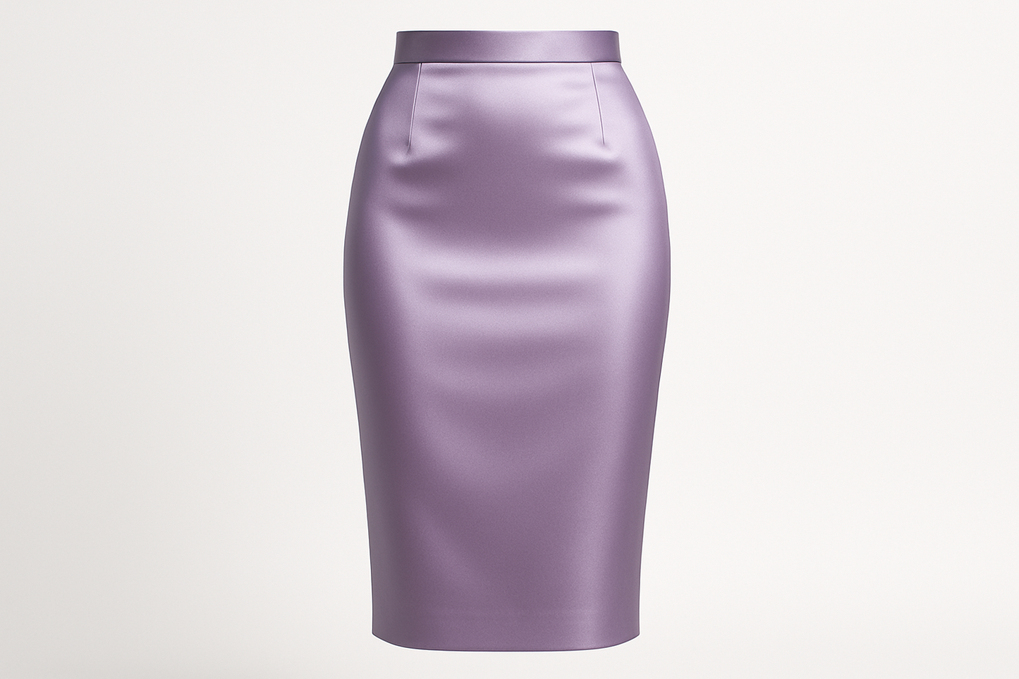 L'image présente une élégante jupe crayon ajustée confectionnée dans votre Satin Duchesse Parme. Cette coupe droite et près du corps met parfaitement en valeur le tombé fluide et l'éclat luxueux du tissu, idéale pour des tenues de cocktail, soirées élégantes ou événements formels.