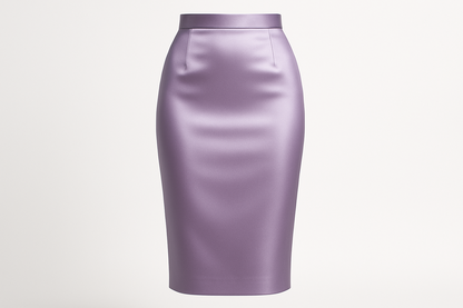 L'image présente une élégante jupe crayon ajustée confectionnée dans votre Satin Duchesse Parme. Cette coupe droite et près du corps met parfaitement en valeur le tombé fluide et l'éclat luxueux du tissu, idéale pour des tenues de cocktail, soirées élégantes ou événements formels.