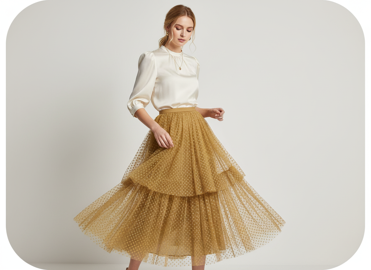 Tulle Plumetis Moutarde 145 cm - Pois Brodés Dorés - Non Extensible Premium