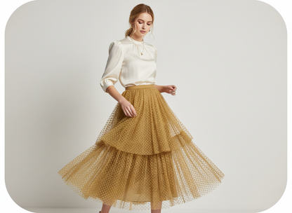 Tulle Plumetis Moutarde 145 cm - Pois Brodés Dorés - Non Extensible Premium