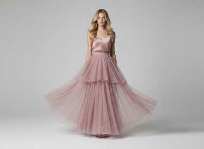 Tulle Plumetis Vieux Rose 145 cm - Pois Brodés - Non Extensible Premium