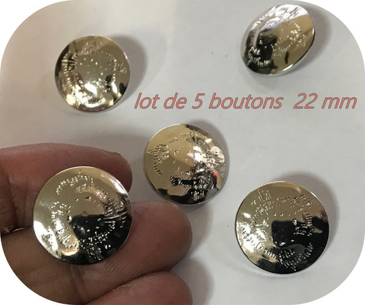 Lot de 5 boutons argenté couture en 20 mm à queue