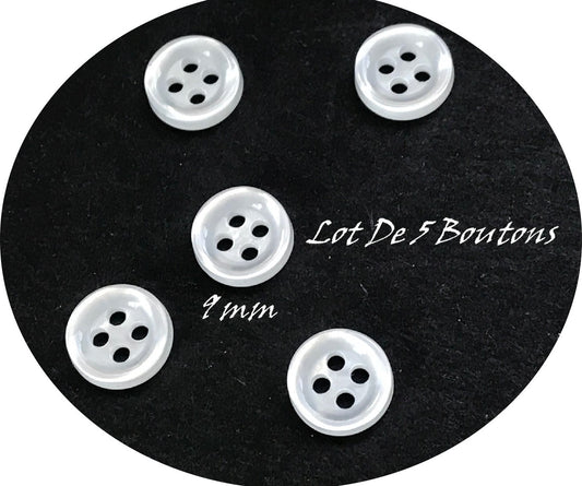 Set of 5 White Pearl Buttons in 9 mm to Sew for Children and Adults