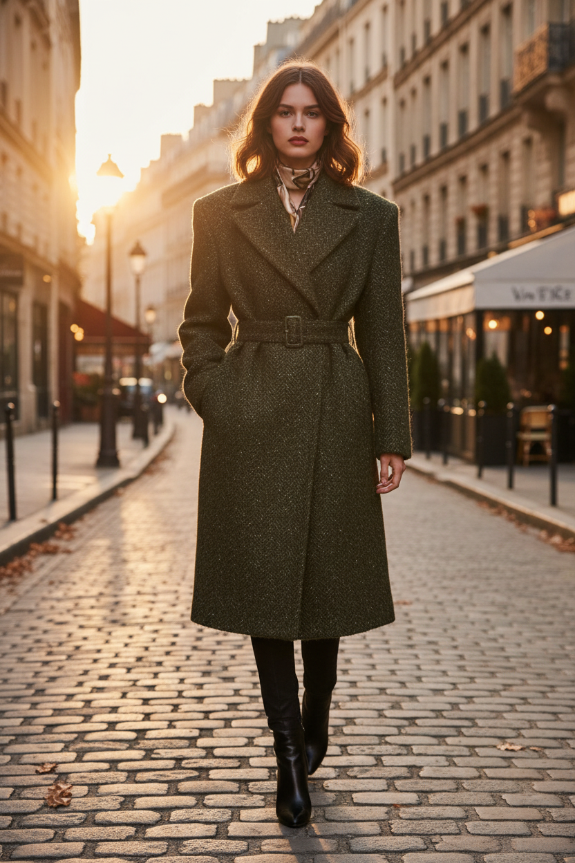 Manteau bouclé tweed kaki réalisé avec notre tissu