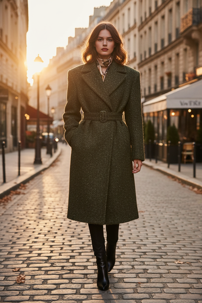 Manteau bouclé tweed kaki réalisé avec notre tissu