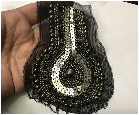 Silver Sequin Applique Patch Motif on Black Tulle