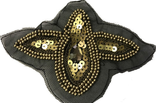 Khaki Bronze Sequin Applique Patch Motif Decorated with Rhinestones