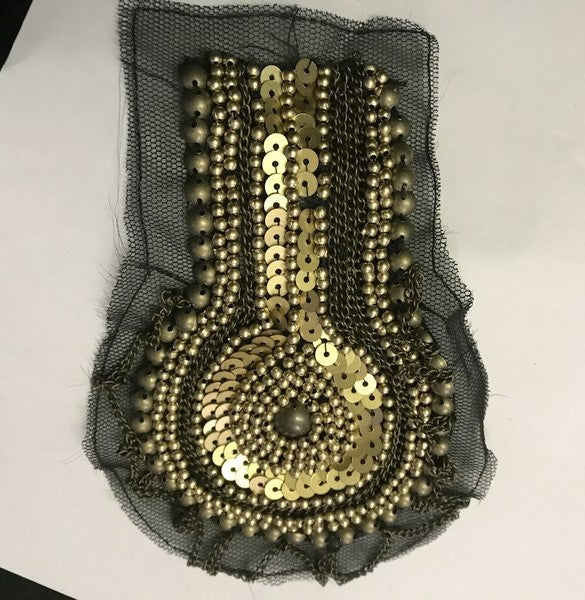 Khaki Bronze Sequin Applique Patch Motif on Black Tulle