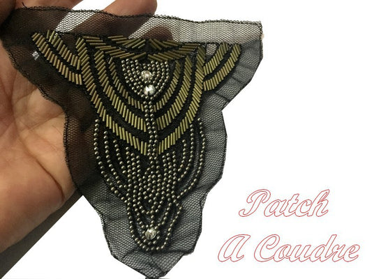 Patch Motif, Applique, To Sew In Bronze Pearl And Rhinestone On Black Mesh.