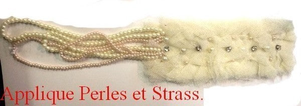 Patch Motif, Applique, Pearl Chain in Ecru Mesh