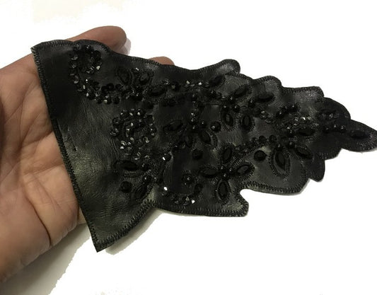 Patch Motif, Applique, In Black Faux Leather Decorated With Beads And Sequins