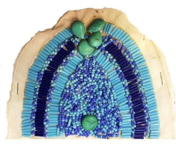 Patch Motif, Turquoise Pearl Applique on White Mesh