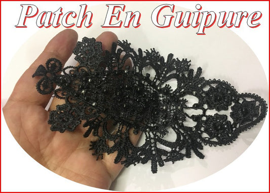 Black Beaded Guipure Lace Patch Motif to Sew on for Crafts and Customizations.