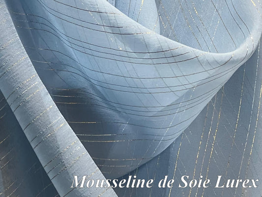 🪡 Mousseline de Soie Bleu ciel Lurex Or & Argent – 100 % Soie Française | 145 cm de largeur