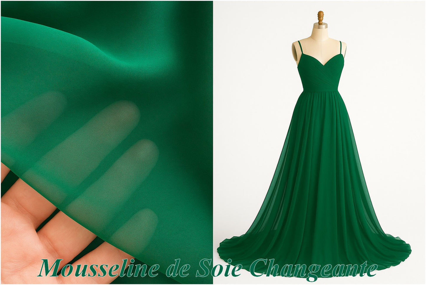 🌿 Mousseline de Soie Changeante Vert Émeraude Reflets Noirs – Tissu de Luxe au Mètre
