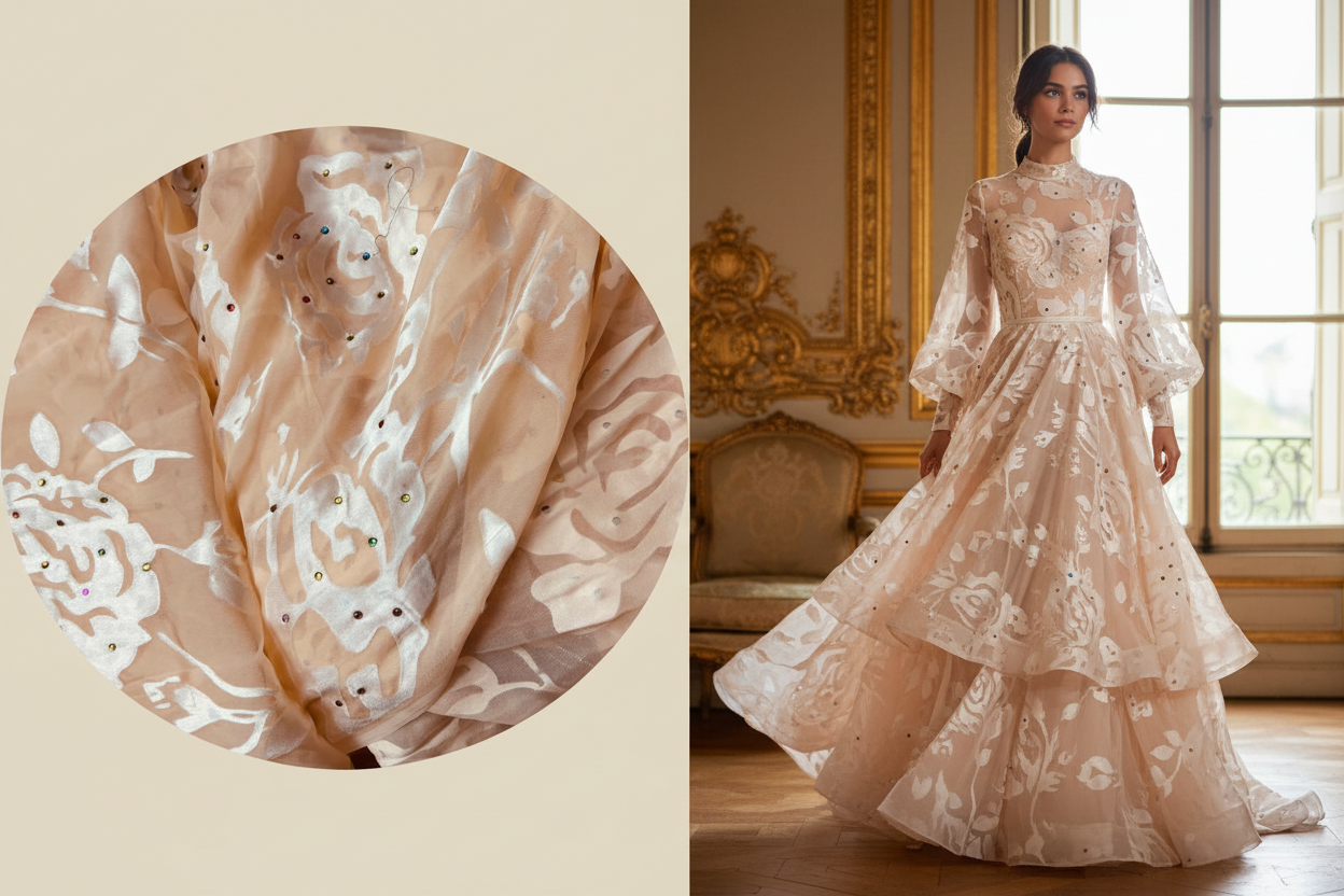 "Mousseline devoré soie saumon clair ornée de strass multicolores – tissu haute couture transparent 100g/m² vendu au mètre" "Light salmon devore silk chiffon with multicolored rhinestones – sheer haute couture fabric 100g/m² sold by the meter"