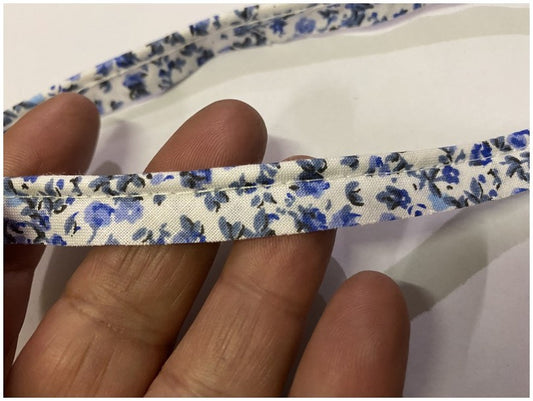 Liberty Blue Printed Cotton Piping on White Background, For Creative Hobbies