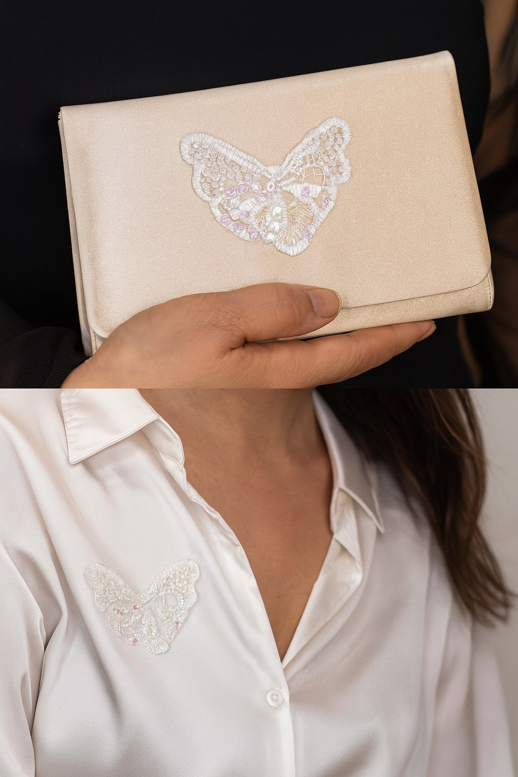 Applique guipure en forme de papillon perlé Blanc.
