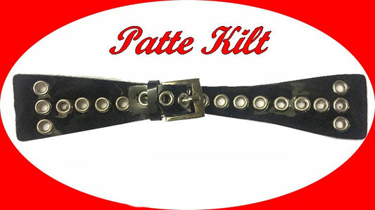 Faux Leather Kilt Tab with Silver Buckle and Eyelets to Sew in 20 cm Black.